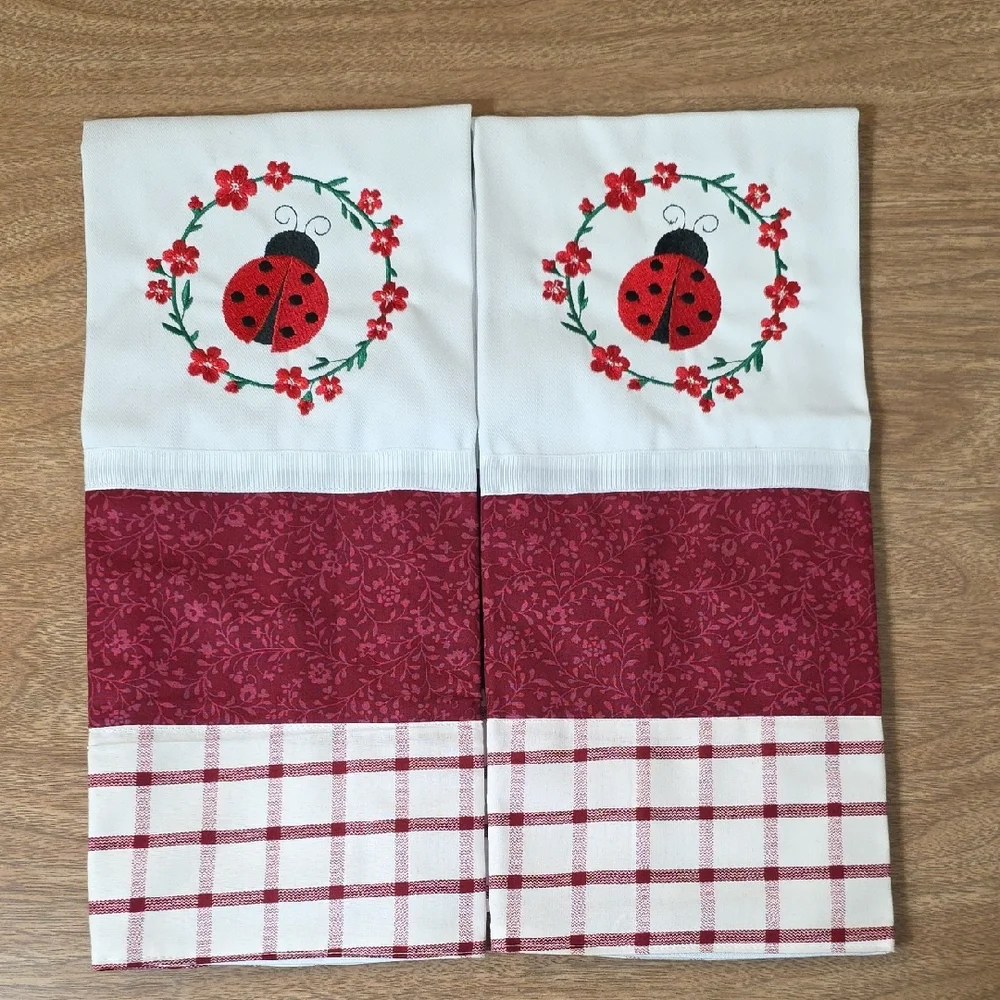 Handcrafted Embroidered Ladybug Gingham Hand Towels Set Of 2 18